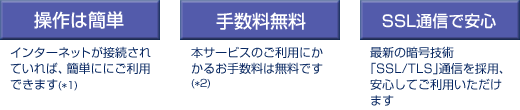 「e-Taxデータ受付サービス」の特長
・操作は簡単
・手数料無料
・SSL通信で安心 「e-Taxデータ受付サービス」の特長
・操作は簡単
・手数料無料
・SSL通信で安心