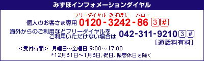 みずほインフォメーションダイヤル&nbsp;個人のお客さま専用&nbsp;0120-3242-86&nbsp;3#&nbsp;携帯電話・PHSおよび海外からのご利用は&nbsp;042-311-9210&nbsp;3#&nbsp;[通話料有料]&nbsp;<受付時間>月曜日～金曜日&nbsp;9:00～17:00&nbsp;*12月31日～1月3日、祝日、振替休日を除く