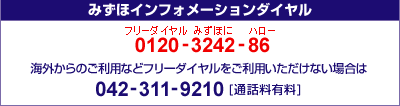 みずほインフォメーションダイヤル
0120-3242-86
携帯電話・PHSおよび海外からのご利用は&nbsp;042-311-9210（通話料有料）