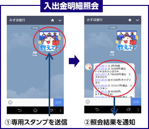 入出金明細照会 1専用スタンプを送信 2照会結果を通知