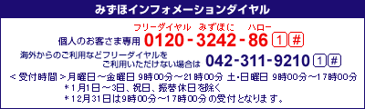 みずほインフォメーションダイヤル 個人のお客さま専用 フリーダイヤル0120-3242-86 1#、携帯電話・PHSおよび海外からのご利用は042-311-9210 1#、<受付時間>月曜日〜金曜日 9:00〜21:00、土日曜日 9:00〜17:00、*1月1日〜3日、5月3日〜5日、祝日、振替休日を除く みずほインフォメーションダイヤル 個人のお客さま専用 フリーダイヤル0120-3242-86 1#、携帯電話・PHSおよび海外からのご利用は042-311-9210 1#、<受付時間>月曜日〜金曜日 9:00〜21:00、土日曜日 9:00〜17:00、*1月1日〜3日、5月3日〜5日、祝日、振替休日を除く