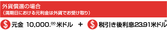 外貨償還の場合(満期日における元利金は外貨でお受け取り)$元金10,000.00米ドル+$税引き後利息24米ドル*