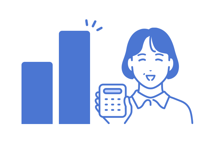 右肩上がりのグラフとBさんのイラスト