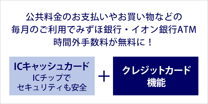 公共料金のお支払いやお買い物などの毎月のご利用でみずほ銀行・イオン銀行ATM時間外手数料が無料に！ ICキャッシュカード ICチップでセキュリティも安全 ＋ クレジットカード機能