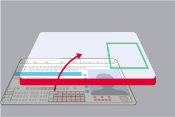 画面に表示されるガイド枠（緑枠は顔写真の位置）に本人確認書類を合わせると赤い枠（実線）が表示されます。赤い枠の下辺と券面の下部が一致するように調整してください。一致すると赤い枠の下辺が緑に変わります。