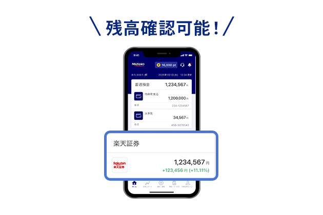 みずほダイレクトアプリ画面で楽天証券口座の残高確認が可能なイラスト