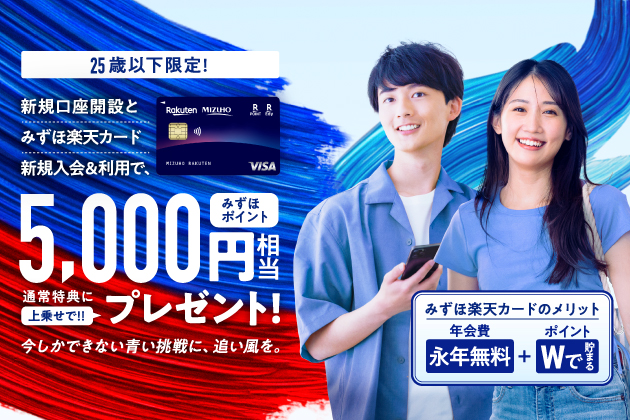 25歳以下限定！ 新規口座開設とみずほ楽天カード 新規入会&利用でみずほポイント5,000円相当通常特典に上乗せで！！プレゼント！今しかできない青い挑戦に、追い風を。 みずほ楽天カードのメリット 年開費永年無料+ポイントWでたまる