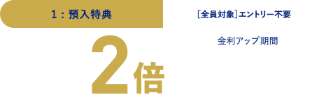 1:預入特典。全員対象、エントリー不要。預けるだけで金利2倍。金利アップ期間は2026年9月14日 月曜日から2026年12月13日 日曜日