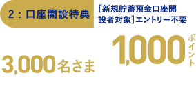 2:口座開設特典。新規貯蓄預金口座開設者対象、エントリー不要。抽せんで3,000名さまにみずほポイント1,000ポイントプレゼント。