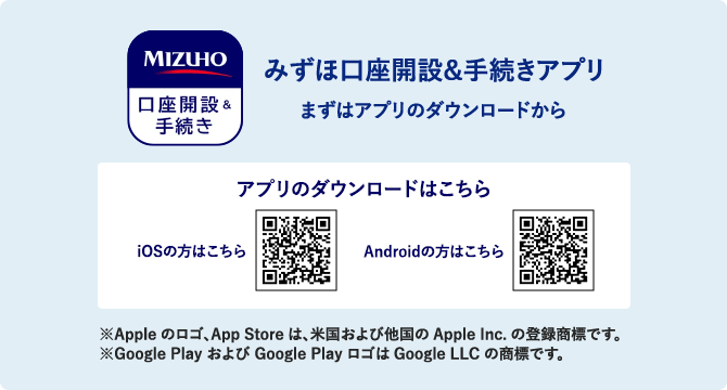 みずほ口座開設&手続きアプリまずはアプリのダウンロードから アプリのダウンロードはこちら iOSの方はこちらAndroidの方はこちら ※Apple のロゴ、App Store は、米国および他の国の Apple Inc. の登録商標です。※Google Play および Google Play ロゴは Google LLC の商標です。