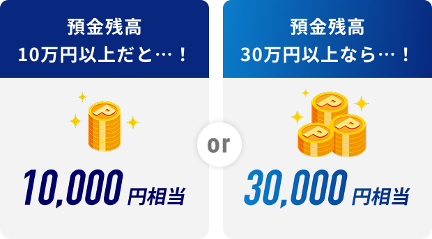 預金残高10万円以上だと…!10,000円相当 or 預金残高30万以上なら…!30,000円相当