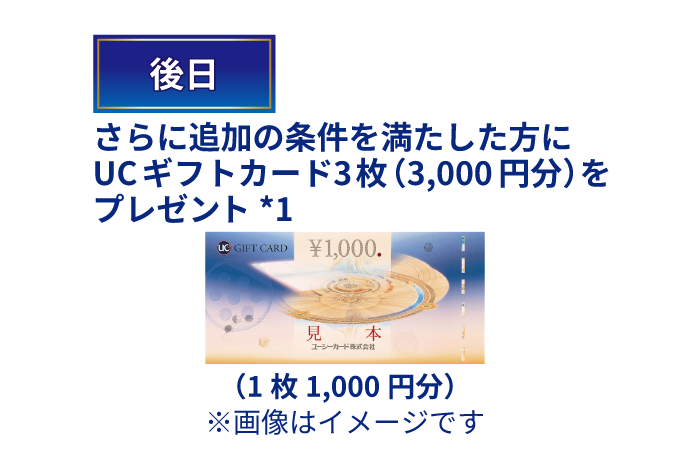 後日 さらに追加の条件を満たした方にUCギフトカード3枚3,000円分をプレゼントします。*1 UCギフトカードは1枚1,000円分です。
