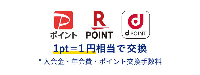 1pt=1円相当で交換 ※入会金・年会費・ポイント交換手数料