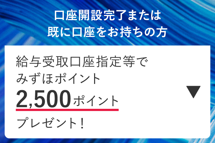 口座開設完了または既に口座をお持ちの方 給与受取口座指定等でみずほポイント2,500ポイントプレゼント！