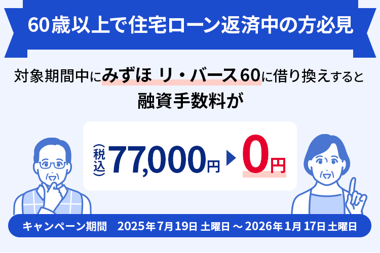 60歳以上で住宅ローン返済中の方必見 対象期間中にみずほ リ・バース60に借り換えすると融資手数料が(税込)77,000円 0円 キャンペーン期間 2025年7月19日土曜日~2026年1月17日土曜日