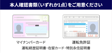 本人確認書類(いずれか1点)をご用意ください マイナンバーカード 運転免許証 運転経歴証明書・在留カード・特別永住証明書