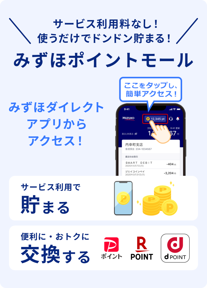 サービス利用料なし！使うだけでドンドン貯まる！ みずほポイントモール サービス利用で貯まる 便利に・おトクに交換する PayPayポイント 楽天ポイント dポイント みずほダイレクトアプリからアクセス！ ここをタップし、簡単アクセス！