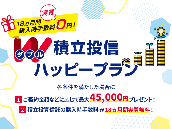 積立投信Wハッピープラン 18ヵ月間購入時手数料実質0円! 各条件を満たした場合に、① ご契約金額などに応じて最大45,000円プレゼント! ②積立投資信託の購入時手数料が18ヵ月間実質無料!