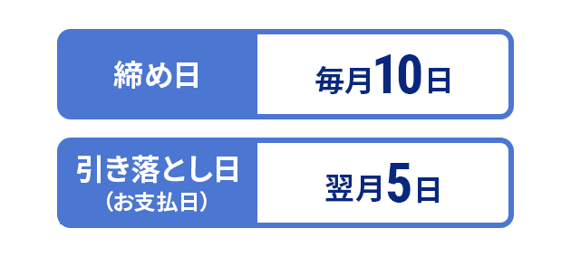 締め日：毎月10日、引き落とし日（お支払日）：翌月5日