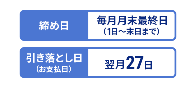 締め日：毎月月末最終日（1日～末日まで）、引き落とし日（お支払日）：翌月27日