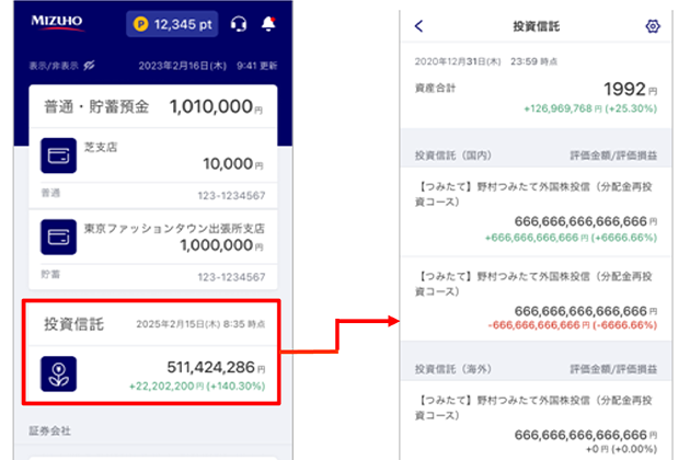 ホーム画面での投資信託残高等の表示イメージ