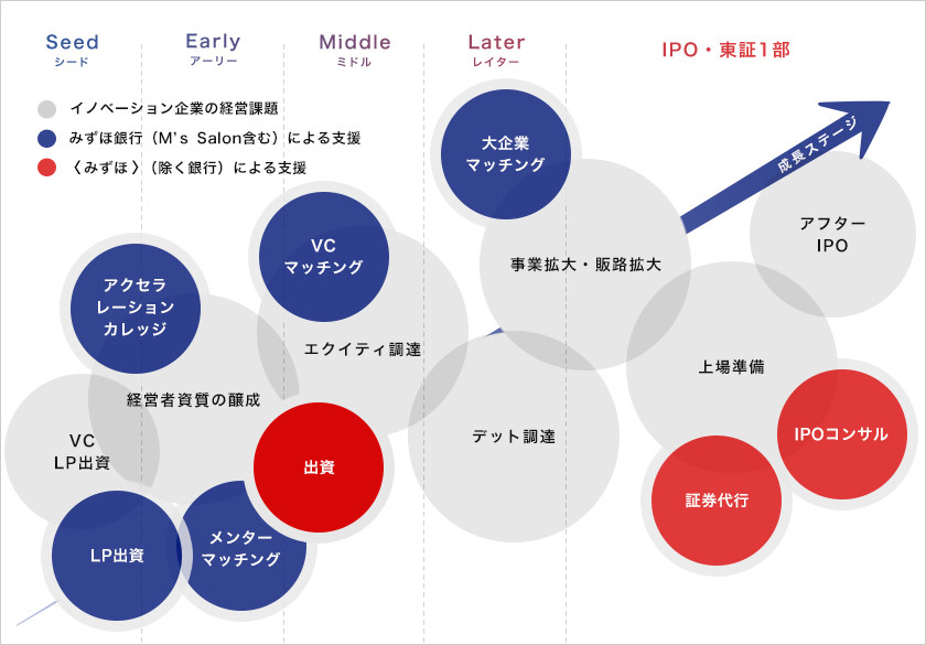 イノベーション企業が抱える経営課題をM'sサロン含むみずほ銀行がLP出資、アクセラレーションカレッジ、メンターマッチング、VCマッチング、大企業マッチングによる支援を行います。