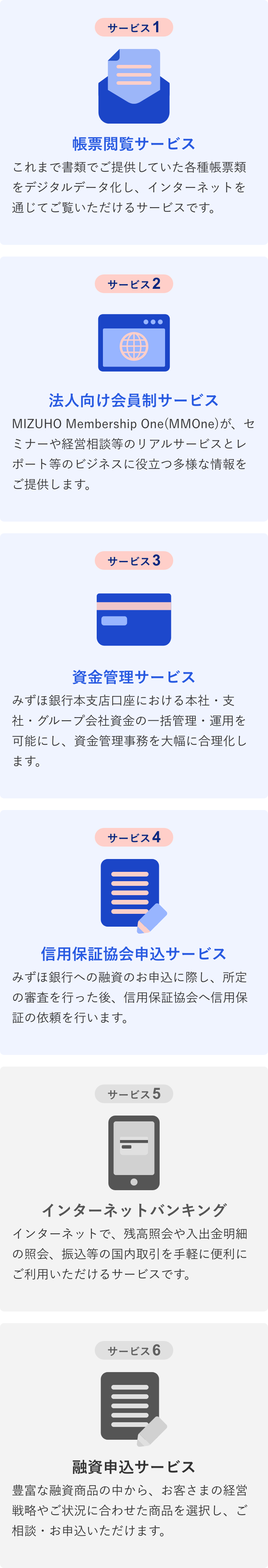 サービス1帳票閲覧サービス:これまで書類でご提供していた各種帳票類をデジタルデータ化し、インターネットを通じてご覧いただけるサービスです。 サービス2法人向け会員制サービス:MIZUHO Membership One(MMOne)が、セミナーや経営相談等のリアルサービスとレポート等のビジネスに役立つ多様な情報をご提供します。 サービス3資金管理サービス:みずほ銀行本支店口座における本社・支社・グループ会社資金の一括管理・運用を可能にし、資金管理事務を大幅に合理化します。 サービス4信用保証協会申込サービス:みずほ銀行への融資のお申込に際し、所定の審査を行った後、信用保証協会へ信用保証の依頼を行います。 サービス5インターネットバンキング:インターネットで、残高照会や入出金明細の照会、振込等の国内取引を手軽に便利にご利用いただけるサービスです。 サービス6融資申込サービス:豊富な融資商品の中から、お客さまの経営戦略やご状況に合わせた商品を選択し、ご相談・お申込いただけます。