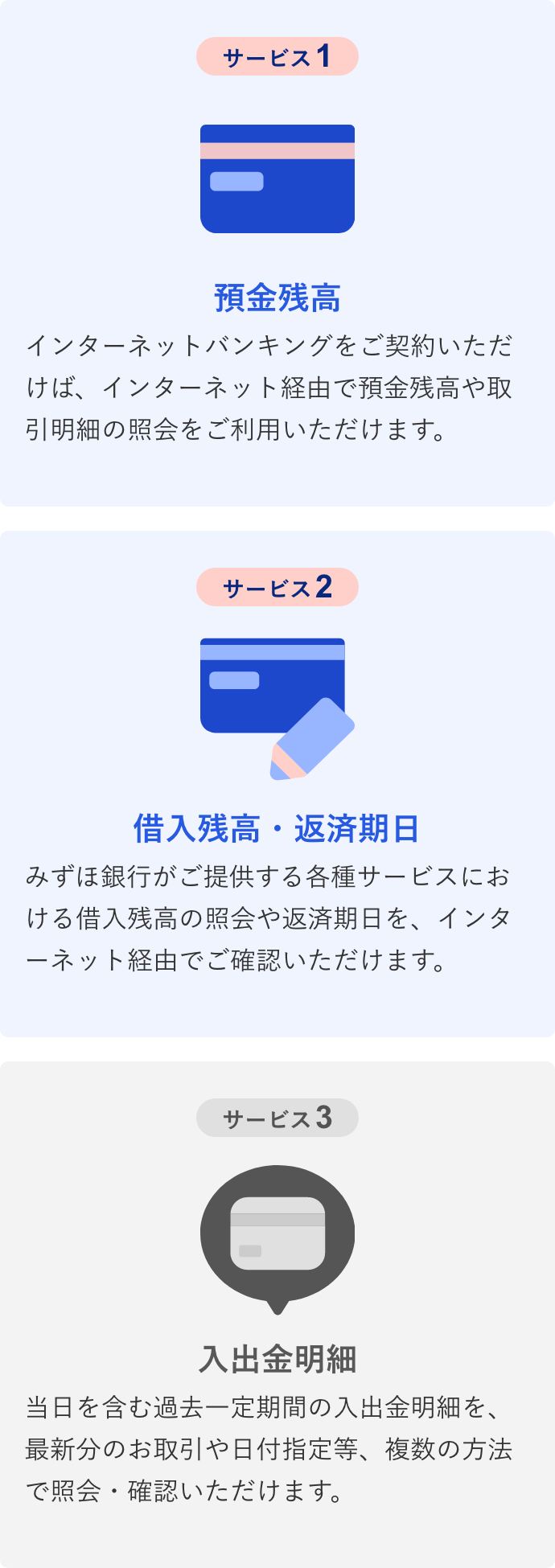 サービス1預金残高:インターネットバンキングをご契約いただけば、インターネット経由で預金残高や取引明細の照会をご利用いただけます。 サービス2借入残高・返済期日:みずほ銀行がご提供する各種サービスにおける借入残高の照会や返済期日を、インターネット経由でご確認いただけます。 サービス3入出金明細:当日を含む過去一定期間の入出金明細を、最新分のお取引や日付指定等、複数の方法で照会・確認いただけます。
