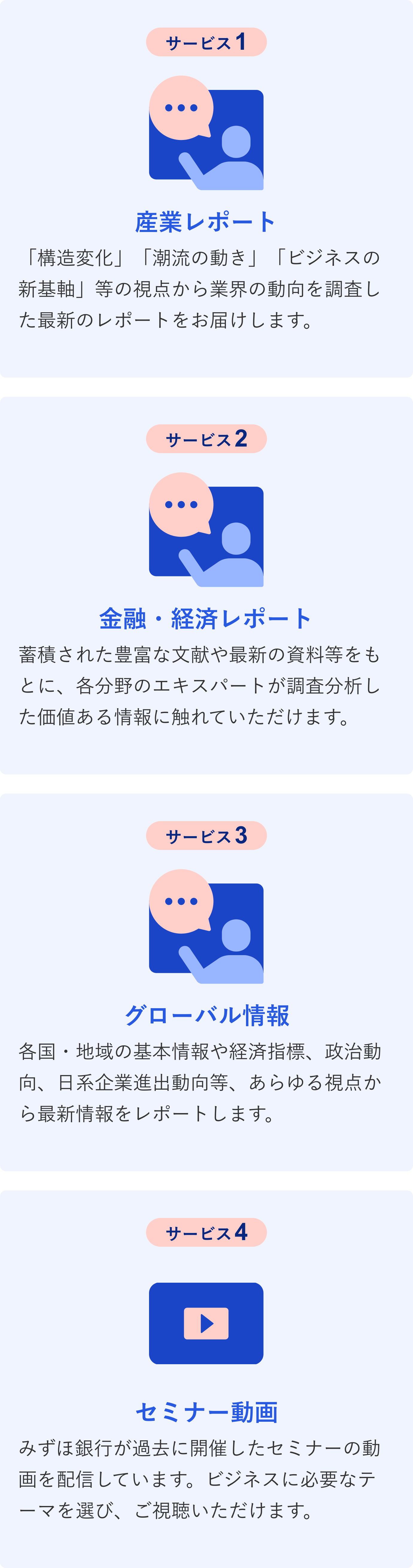 サービス1産業レポート:「構造変化」「潮流の動き」「ビジネスの新基軸」等の視点から業界の動向を調査した最新のレポートをお届けします。 サービス2金融・経済レポート:蓄積された豊富な文献や最新の資料等をもとに、各分野のエキスパートが調査分析した価値ある情報に触れていただけます。 サービス3グローバル情報:各国・地域の基本情報や経済指標、政治動向、日系企業進出動向等、あらゆる視点から最新情報をレポートします。 サービス4セミナー動画:みずほ銀行が過去に開催したセミナーの動画を配信しています。ビジネスに必要なテーマを選び、ご視聴いただけます。