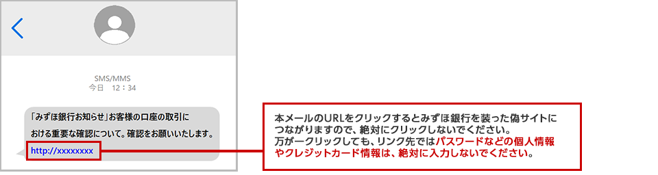 偽SMS（緊急確認）、および偽サイトのスマートフォン画面イメージ