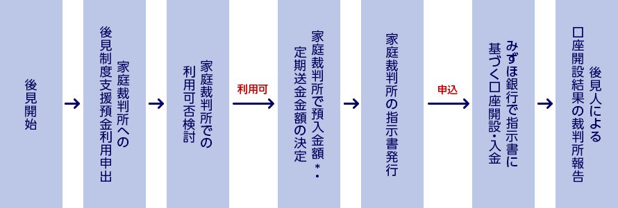 後見開始→家庭裁判所への後見制度支援預金利用申出→家庭裁判所での利用可否検討→利用可→家庭裁判所で預入金額*・定期送金金額の決定→家庭裁判所の指示書発行→申込→みずほ銀行で指示書に基づく口座開設・入金→後見人による口座開設結果の裁判所報告