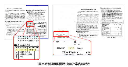 「固定金利適用期限到来のご案内はがき」ローンコード記載場所