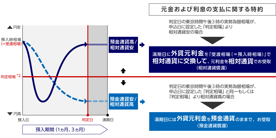 [元金および利息の支払に関する特約]判定日の東京時間午後3時の実勢為替相場が、申込日に設定した「判定相場」より相対通貨安の場合→満期日に外貨元利金を「受け渡し相場(=預入時相場)」で相対通貨に交換して、元利金を相対通貨でお受け取り（相対通貨償還）。／判定日の東京時間午後3時の実勢為替相場が、申込日に設定した「判定相場」と同一もしくは「判定相場」より相対通貨高の場合→満期日には外貨元利金を預金通貨のままで、お受け取り（相対通貨償還）。