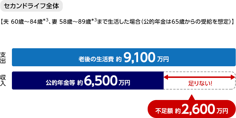 夫婦2人の老後の収支 セカンドライフ全体 夫 60歳～84歳*3、妻 58歳～89歳*3まで生活した場合（公的年金は65歳からの受給を想定）支出 老後の生活費約9,100万円 収入 公的年金等約6,500万円で、支出に対して収入の不足額約2,600万円