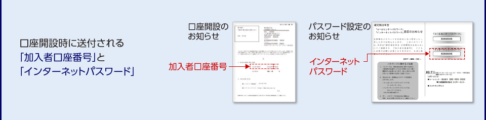 口座開設時に送付される「加入者口座番号」と「インターネットパスワード」