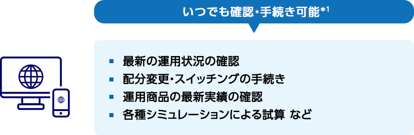 いつでも確認・手続き可能*1 最新の運用状況の確認 配分変更・スイッチングの手続き 運用商品の最新実績の確認 各種シミュレーションによる試算など