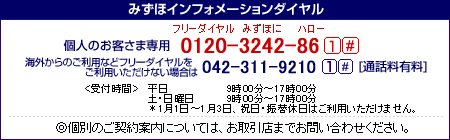 みずほインフォメーションダイヤル 個人のお客さま専用 フリーダイヤル 0120-3242-86 1# 海外からのご利用などフリーダイヤルをご利用いただけない場合は 042-311-9210 1#［通話料有料］ ＜受付時間＞ 平日 9時00分～17時00分 土・日曜日 9時00分～17時00分 *1月1日～3日、祝日・振替休日はご利用いただけません。