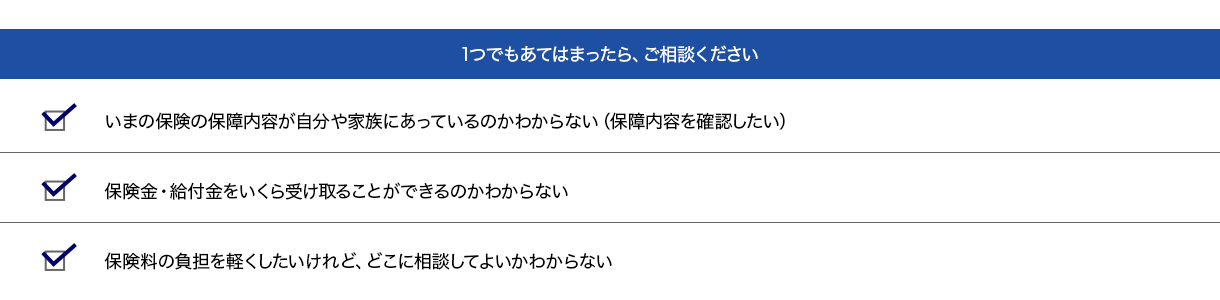 1つでもあてはまったら、ご相談ください。今の保険の保障内容が自分や家族にあっているのかわからない（保障内容を確認したい）。保険金・給付金をいくら受け取ることができるのかわからない。保険料の負担を軽くしたいけれど、どこに相談してよいかわからない。