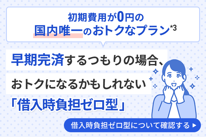 借入時負担ゼロ型は、早期完済するつもりの場合、トータルコストがおトクになることを説明する画像。借入時負担ゼロ型は、国内唯一のおトクなプランであることを示している。