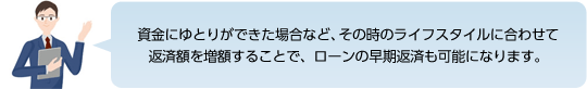 資金にゆとりができた場合など、その時のライフスタイルに合わせて返済額を増額することで、ローンの早期返済も可能になります。