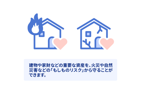 建物や家財などの重要な資産を、火災や自然災害などのもしものリスクから守ることができます。