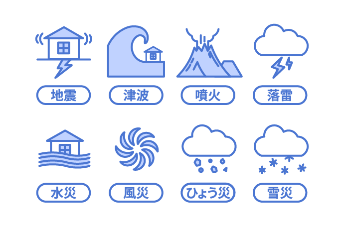 対象となる自然災害 地震、津波、噴火、落雷、水災、風災、ひょう災、雪災のイメージ