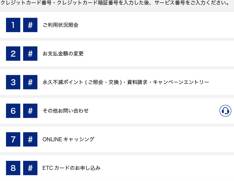 クレジットカード番号・クレジットカード暗証番号を入力した後、サービス番号をご入力ください。1#、ご利用状況照会。2#、お支払い金額の変更。3#、永久不滅ポイント（ご紹介・交換）・資料請求・キャンペーンエントリー。6#、その他お問い合わせ。7#、ONLINEキャッシング。8#、ETCカードのお申し込み。