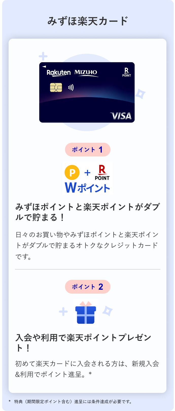 みずほ楽天カード ポイント1 みずほポイントと楽天ポイントがダブルで貯まる！ 日々のお買い物やみずほポイントと楽天ポイントがダブルで貯まるオトクなクレジットカードです。 ポイント2 入会や利用で楽天ポイントプレゼント！ 初めて楽天カードに入会される方は、新規入会&利用でポイント進呈。*特典（期間限定ポイント含む）進呈には条件達成が必要です。