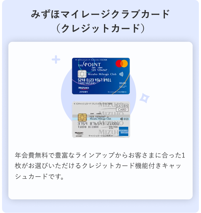 みずほマイレージクラブカード（クレジットカード） 年会費無料で豊富なラインアップからお客さまに合った1枚がお選びいただけるクレジットカード機能付きキャッシュカードです。