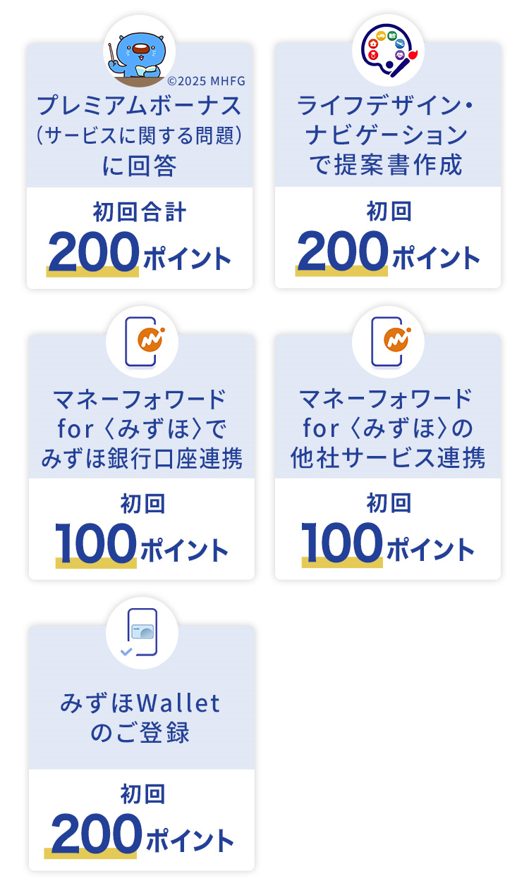 プレミアムボーナス(サービスに関する問題)に回答 初回合計200ポイント ライフデザイン・ナビゲーションで提案書作成 初回200ポイント マネーフォワードfor〈みずほ〉でみずほ銀行口座連携 初回100ポイント マネーフォワードfor〈みずほ〉の他社サービス連携 初回100ポイント みずほWalletのご登録 初回200ポイント