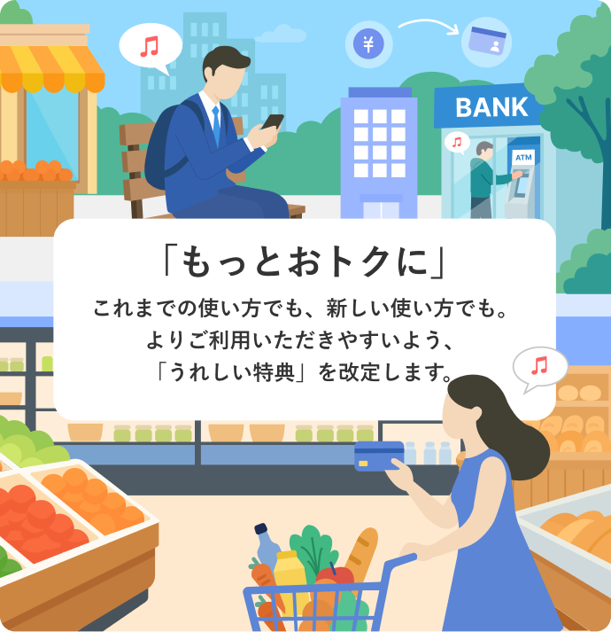 「もっとおトクに」 これまでの使い方でも、新しい使い方でも。よりご利用いただきやすいよう、「うれしい特典」を改定します。