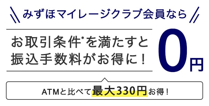 みずほマイレージクラブ会員ならお取引条件*を満たすと振込手数料がお得に！0円 ATMと比べて最大330円お得！