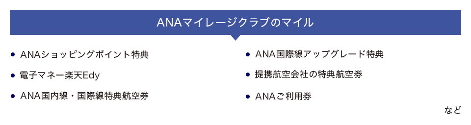 ANAマイレージクラブのマイル。ANAショッピングポイント特典、ANA国際線アップグレード特典、電子マネーEdy、定型航空会社の特典航空券、ANA国内線・国際線特典空港券、ANAご利用券など