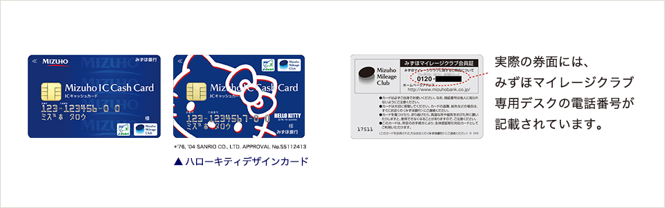 ハローキティデザインカード。実際の券面には、みずほマイレージクラブ専用デスクの電話番号が記載されています。